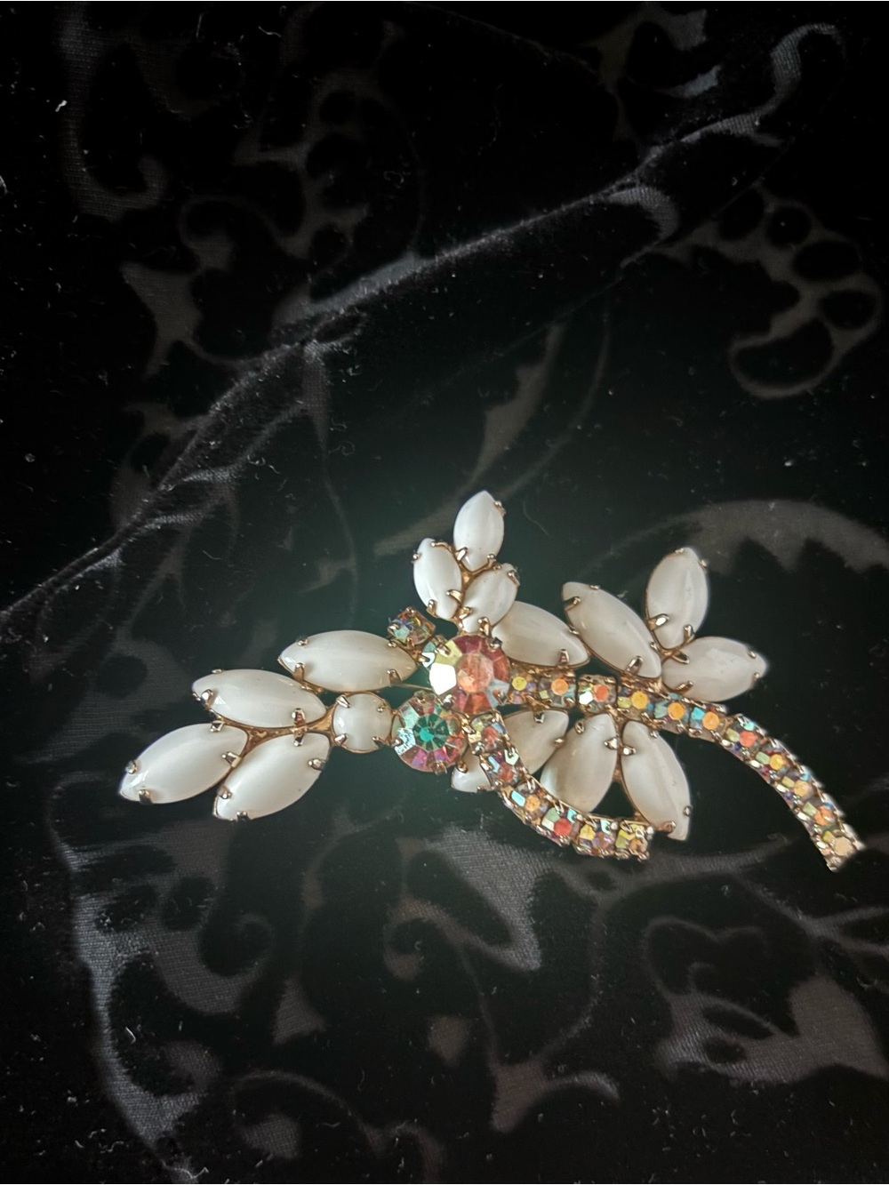 Juliana Style Milk Glass and RHINESTONE Floral Brooch